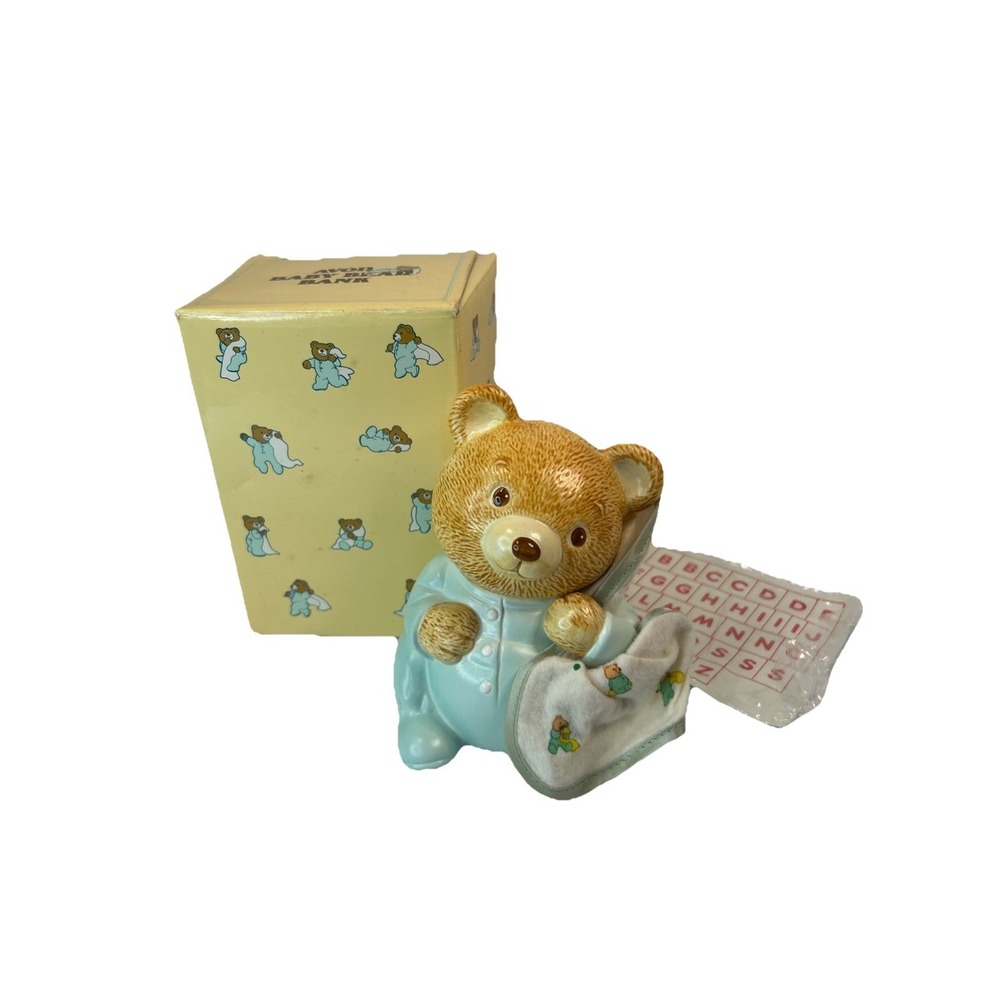 Vintage Avon Baby Bear Bank With Box & Accessories 1986 Ceramic Keepsake 5" Read